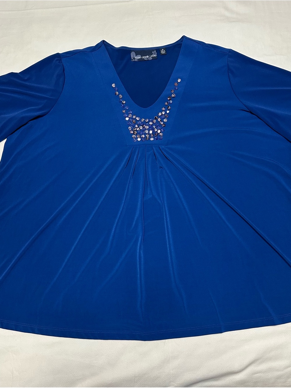 Susan Graver. Women’s V-Neck Embellished Royal Blue Top, 3X